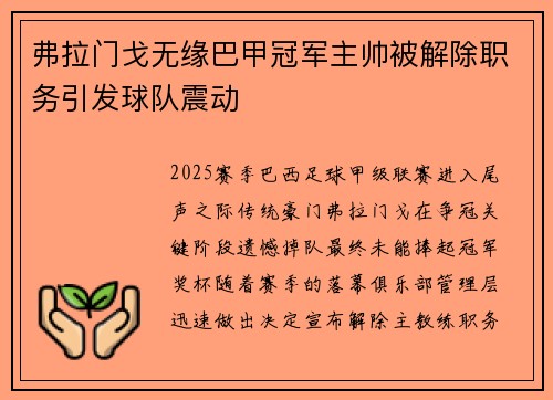 弗拉门戈无缘巴甲冠军主帅被解除职务引发球队震动