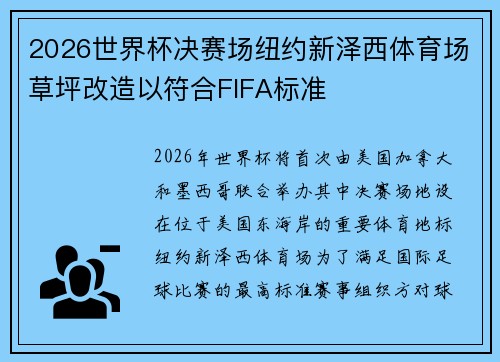 2026世界杯决赛场纽约新泽西体育场草坪改造以符合FIFA标准